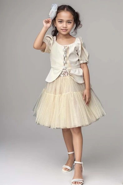 Kız Çocuk Karpuz Kol Düğme Detaylı Ceket Kat Kat Tül Krem Etekli Takım ürün görseli