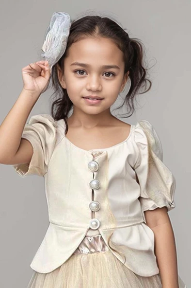 Kız Çocuk Karpuz Kol Düğme Detaylı Ceket Kat Kat Tül Krem Etekli Takım - Resim 2