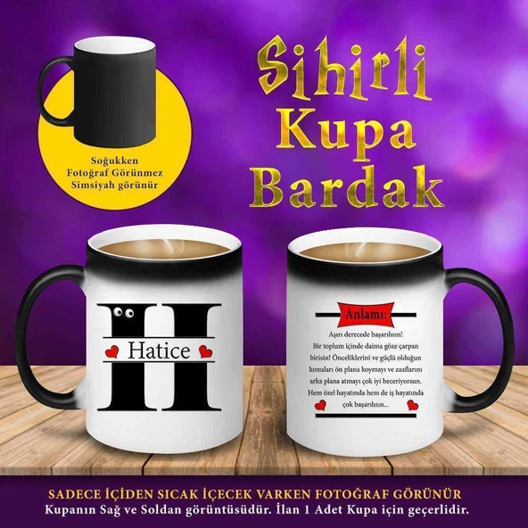 Hatice İsmi ve Anlamı Tasarım Sihirli Hediyelik Kupa Bardak-S457 - 1