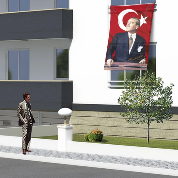 Ay Yıldız Önünde Göğe Bakan Sivil Mustafa Kemal Atatürk ve Türk Bayrağı Yansıması Dış Cephe Poster Bayrak ATA36