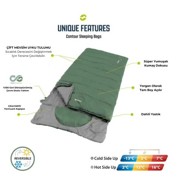 Outwell Contour Black Yazlık ve Kışlık Taraflı -13°C 1500gr Geniş Uyku Tulumu Siyah - 4