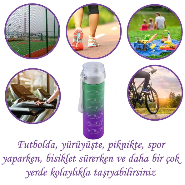 Su Matara Suluk Motivasyon Matarası Pipetsiz Su Şişesi Sporcu Suluğu Çift Renk Sızdırmaz 800 cc(Evelyn) - 2