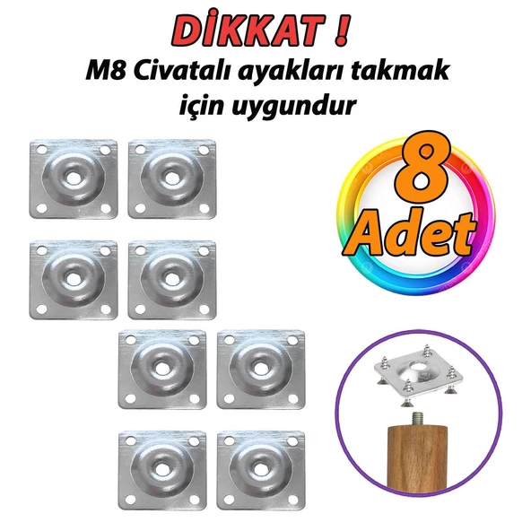 Mobilya Baza Koltuk Zigon Sehpa Ayağı Metal Bağlantı Aparatı Düz Ayak Tabanı M8 Civatalı (8 Adet) ürün görseli 1