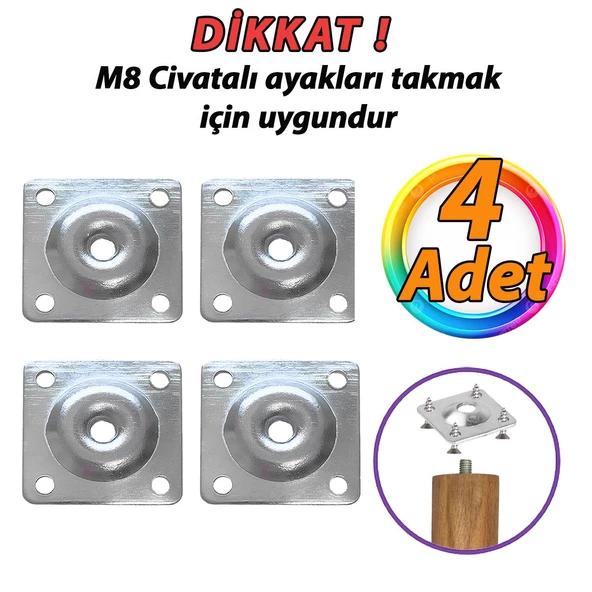 Mobilya Baza Koltuk Zigon Sehpa Ayağı Metal Bağlantı Aparatı Düz Ayak Tabanı M8 Civatalı (4 Adet)