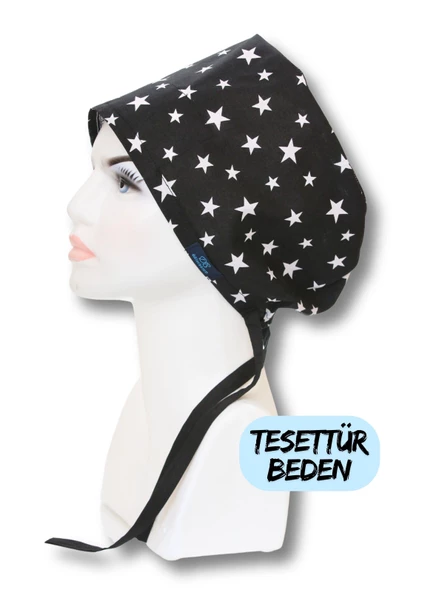 Tesettür Siyah Büyük Yıldız Desenli Cerrahi Bone Doktor Hemşire Sağlıkçı Bonesi Geniş Kesim