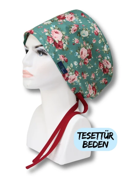 Tesettür Yeşil Zemin Bordo Güller Desenli Cerrahi Bone Doktor Hemşire Sağlıkçı Bonesi Geniş Kesim
