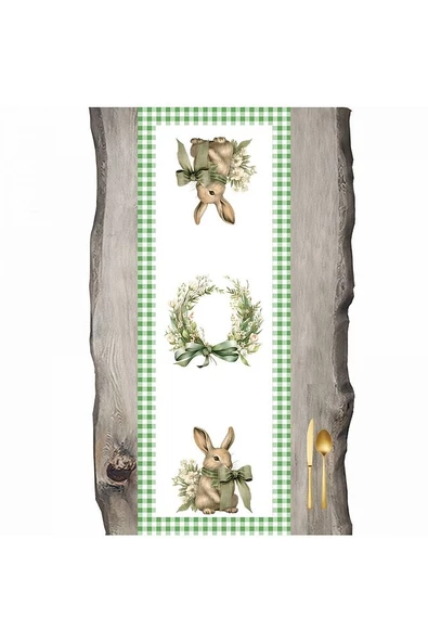 Tavşan Yeşil Pötikare Çerçeveli Özel Desen Ranır - Runner