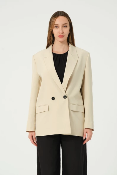 Taş Rengi Regular Astarlı Dokuma Oversize Blazer Ceket