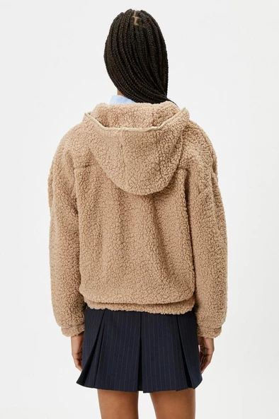 Koton Kapşonlu Peluş Ceket Fermuarlı İki Farklı Kumaş Cepli - 4