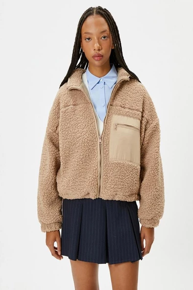 Koton Kapşonlu Peluş Ceket Fermuarlı İki Farklı Kumaş Cepli - 3