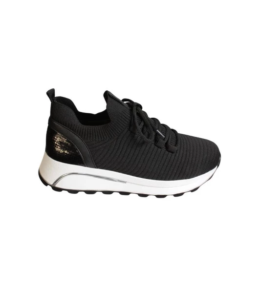 YAZKIŞ Kadın Siyah Ten Triko Kumaş Bağcıksız Arkası Holıganlı 4cm Comfort Taban Fashıon Spor Ayakkab - Resim 5