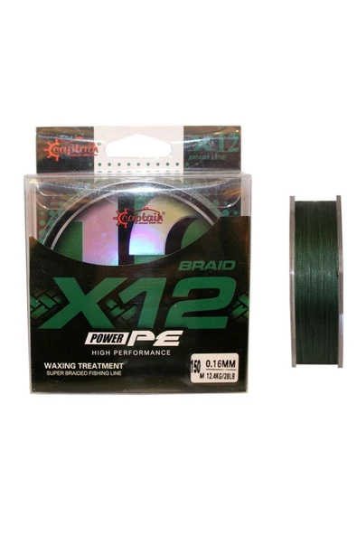 Captain X12 Power PE 12 Örgü Spin İp Misina 150mt Dark Green 0,16mm