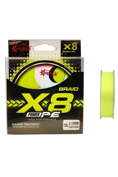 Captain X8 Power PE 8 Örgü Spin İp Misina 150mt Lemon Yellow 0,10mm