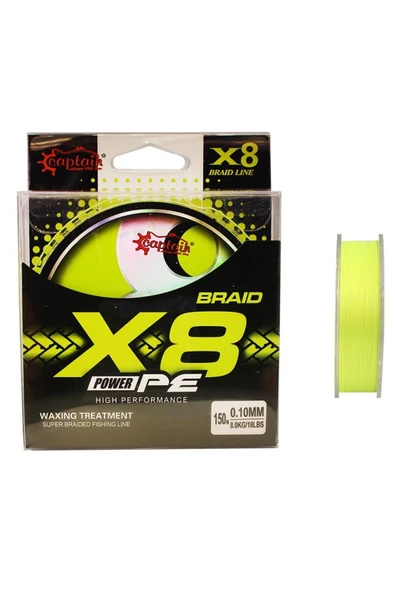 Captain X8 Power PE 8 Örgü Spin İp Misina 150mt Lemon Yellow 0,08mm