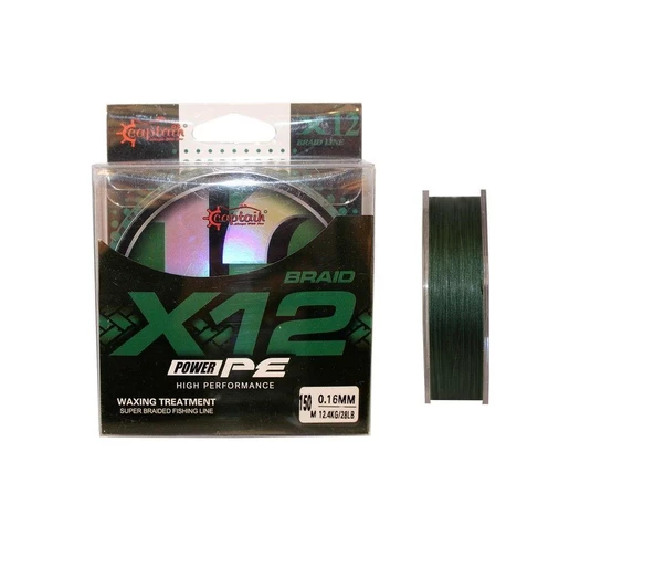 Captain X12 Power PE 12 Örgü Spin İp Misina 150mt Dark Green 0,14mm