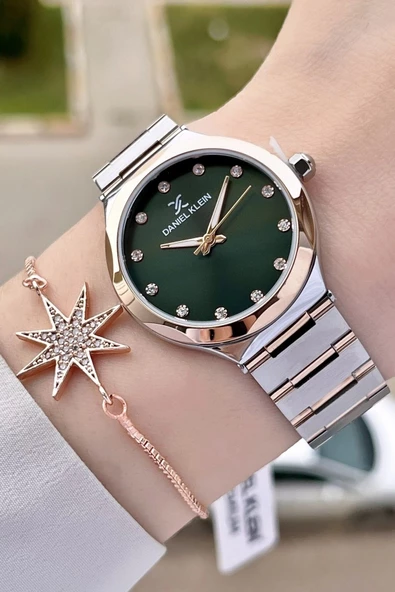 Daniel Klein DKISTE1040Kadranı Yeşil Rose Gümüş Renk Hediye Paketli Kadın Kol Saati ve Bileklik ürün görseli 1