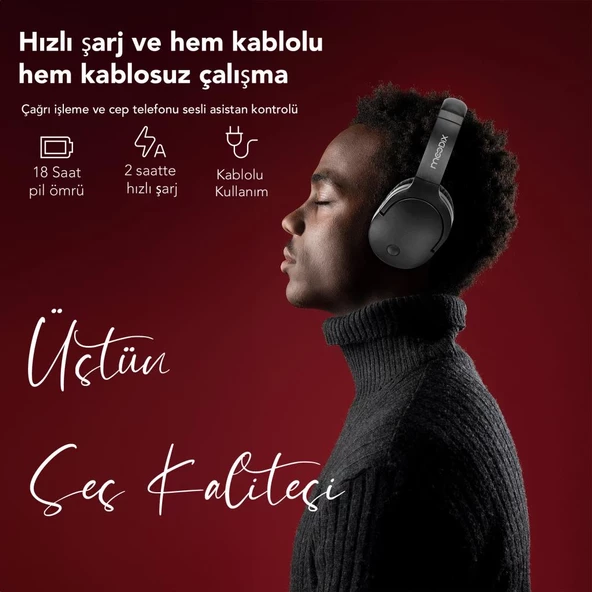 Moodix KO23BT1100B Katlanabilir Bluetooth Kulaküstü Kulaklık Siyah - 5