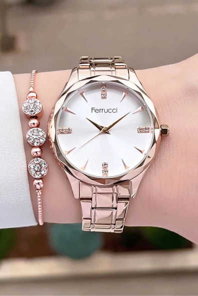 Ferrucci FCISTE271 Rose Renk Hediye Paketli Kadın Kol Saati ve Bileklik - Resim 3
