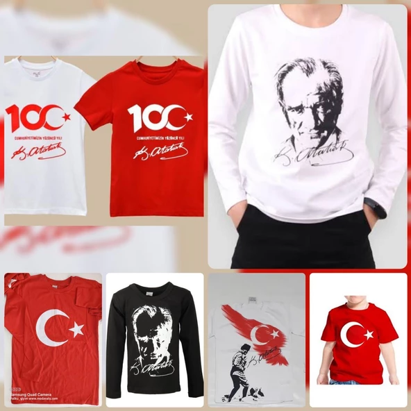 MODAVALS 23 NİSAN 19 MAYIS 30 AĞUSTOS 29 EKİM 10 KASIM OKUL GÖSTERİ UNISEX GARSON BOY 100. YIL ATATÜRK İMZA BASKILI KISA KOL TSHIRT - BEYAZ - 6