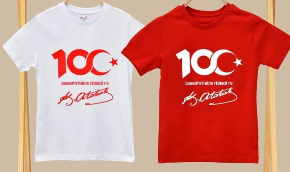 MODAVALS 23 NİSAN 19 MAYIS 30 AĞUSTOS 29 EKİM 10 KASIM OKUL GÖSTERİ UNISEX GARSON BOY 100. YIL ATATÜRK İMZA BASKILI KISA KOL TSHIRT - BEYAZ - 2