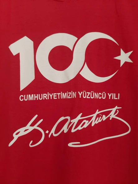 MODAVALS 23 NİSAN 19 MAYIS 30 AĞUSTOS 29 EKİM 10 KASIM OKUL GÖSTERİ UNISEX GARSON BOY 100. YIL ATATÜRK İMZA BASKILI KISA KOL TSHIRT - KIRMIZI - 3