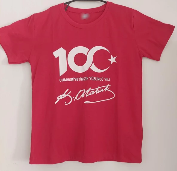 MODAVALS 23 NİSAN 19 MAYIS 30 AĞUSTOS 29 EKİM 10 KASIM OKUL GÖSTERİ UNISEX GARSON BOY 100. YIL ATATÜRK İMZA BASKILI KISA KOL TSHIRT - KIRMIZI - 2