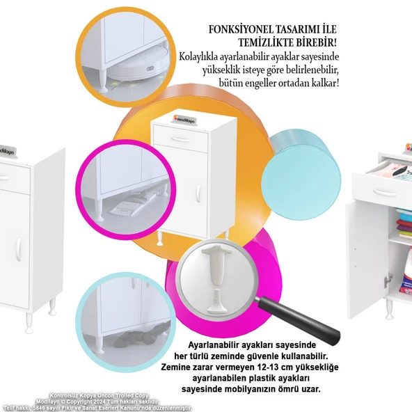Modilayn SLİM EMİR 35x88x32,5 cm cm Tek Çekmeceli Kapaklı Komidin, Cihaz Koyma sehpası, Setup Masası - 5