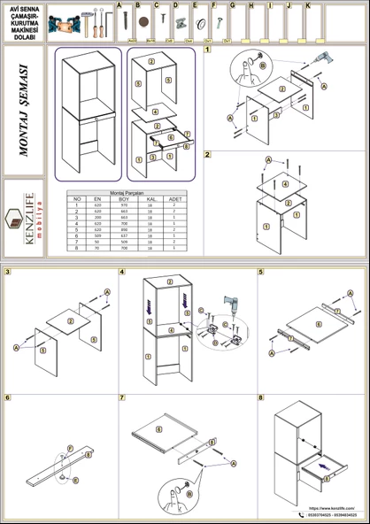 Kenzlife çamaşır-kurutma makinesi dolabı avi sennamdf byz 187*070*60 çekmeceli % 100 FULL MDF - Resim 4