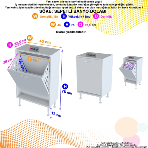 Modilayn SÖKE 45 x 75 x 32,5 cm 1 Göz Sepetli kirli çamaşır banyo dolabı pratik çok foksiyonlu düzenleyici dolap - 4