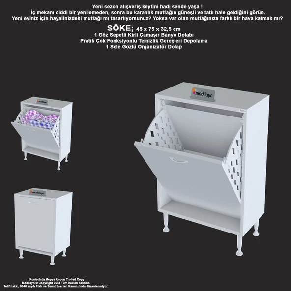 Modilayn SÖKE 45 x 75 x 32,5 cm 1 Göz Sepetli kirli çamaşır banyo dolabı pratik çok foksiyonlu düzenleyici dolap - 5