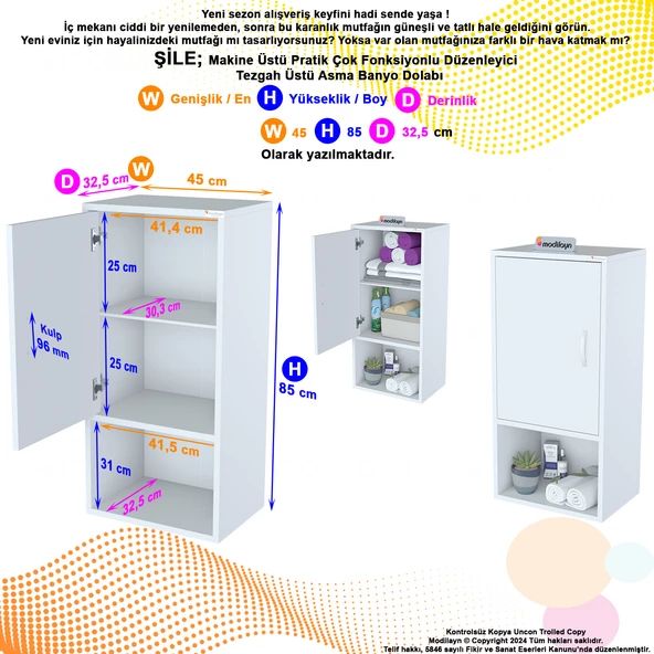 Modilayn ŞİLE 45 x 85 x 32,5 cm Makine Üstü Asma ve Çok Amaçlı Banyo Dolabı - Resim 5