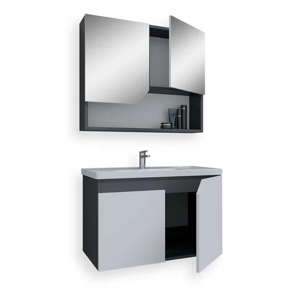 Teta Home Napoli 80 cm Mdf Banyo Dolabı Seti   Antrasit-Beyaz - 2