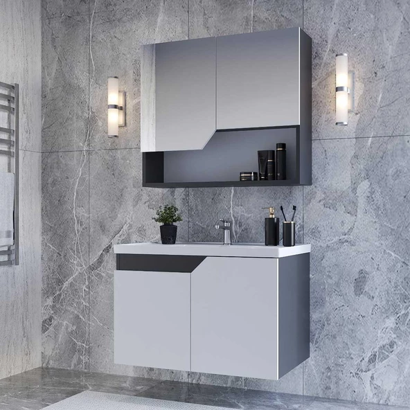 Teta Home Napoli 80 cm Mdf Banyo Dolabı Seti   Antrasit-Beyaz