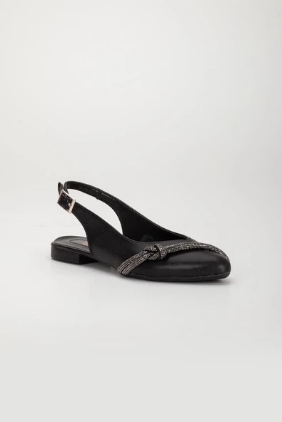 İki Sıra Taşlı Arka Açık Cilt Siyah Kadın Babet - Resim 4