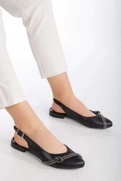 İki Sıra Taşlı Arka Açık Cilt Siyah Kadın Babet - Resim 2