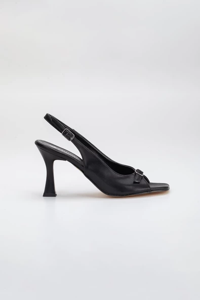 Büyük Numara Kadeh Topuk Cilt Siyah Kadın Topuklu Sandalet - Resim 3