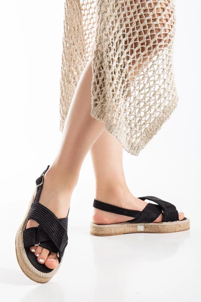 Kadife Kalın Taban Çapraz Bantlı Siyah Kadın Sandalet - Resim 2