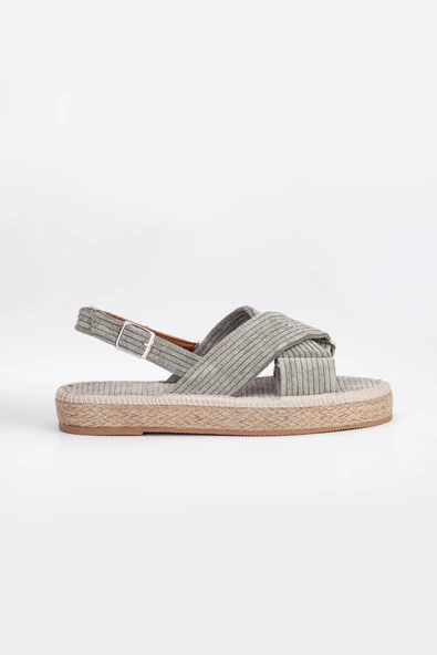 Kadife Kalın Taban Çapraz Bantlı Haki Kadın Sandalet - Resim 3