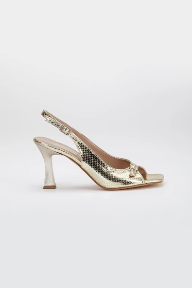 Büyük Numara Kadeh Topuk Rugan Gold Kadın Topuklu Sandalet - Resim 3