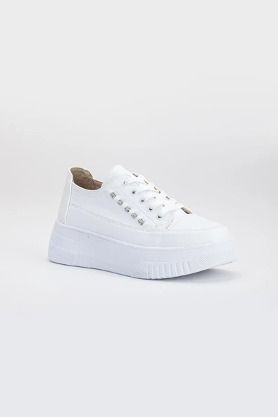 Kalın Taban Tek Sıra Taşlı Bağcıklı Beyaz Kadın Spor Ayakkabı - Resim 4