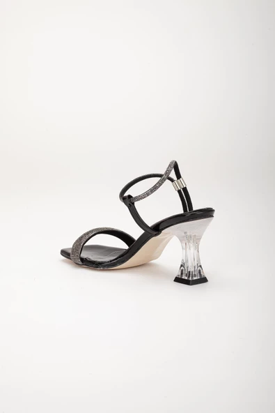 Kalın Tekbant Taşlı Ayna Malzeme Siyah Kadın Şeffaf Topuklu Abiye Ayakkabı - Resim 5