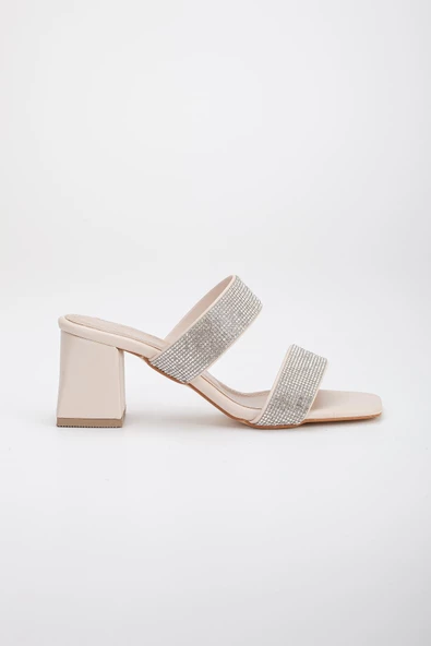 İki Kalın Taş Bantlı Ten Kadın Topuklu Terlik - Resim 3