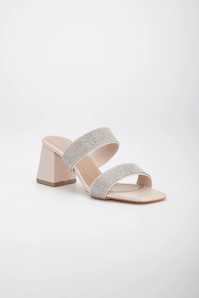 İki Kalın Taş Bantlı Ten Kadın Topuklu Terlik - Resim 4