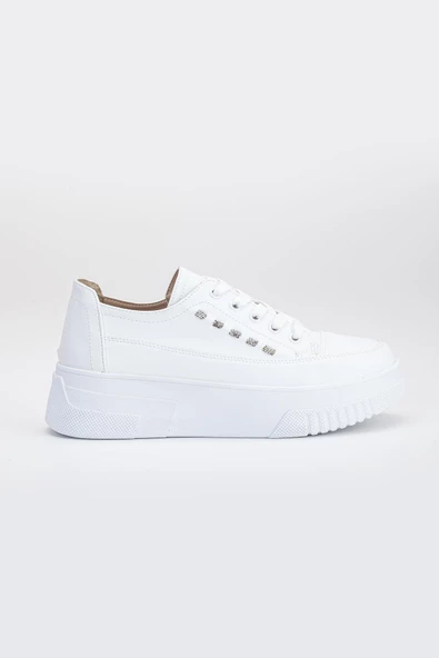 Kalın Taban Tek Sıra Taşlı Bağcıklı Beyaz Kadın Spor Ayakkabı - Resim 3