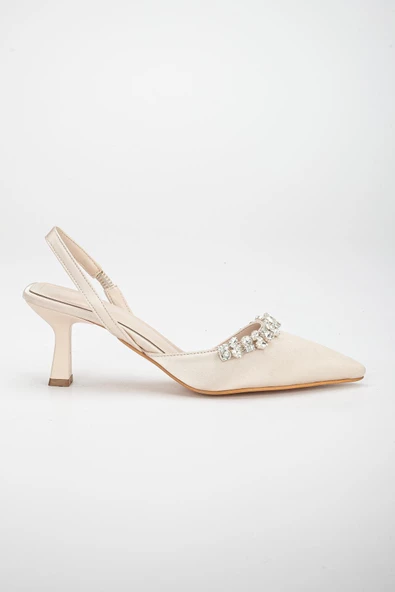 Saten Taşlı Simetrik Kesim Siyah Bej Topuklu Kadın Abiye Ayakkabı - 3