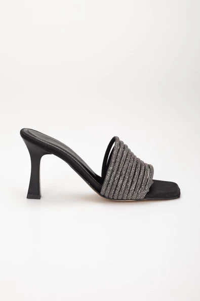 Yüz Biye Taşlı Kadeh Topuk Siyah Kadın Abiye Terlik Ayakkabı - 3