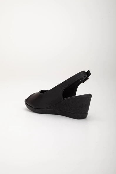 Dolgu Taban Burun ve Arka Açık Ortopedik Suni Deri Siyah Kadın Dolgu Topuk Ayakkabı - Resim 5