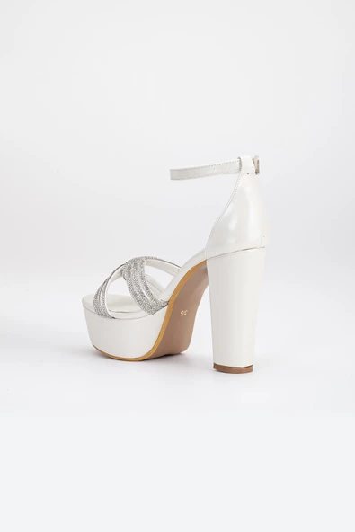 Saten Örgü Taşlı 40mm Sedef Kadın Platform Topuklu Abiye Ayakkabı - Resim 5
