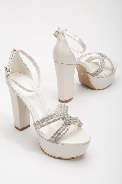 Saten Örgü Taşlı 40mm Sedef Kadın Platform Topuklu Abiye Ayakkabı ürün görseli