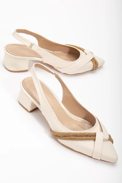 Büyük Numara Zara Saten Taşlı Bej Kadın Kısa Topuklu Abiye Ayakkabı ürün görseli